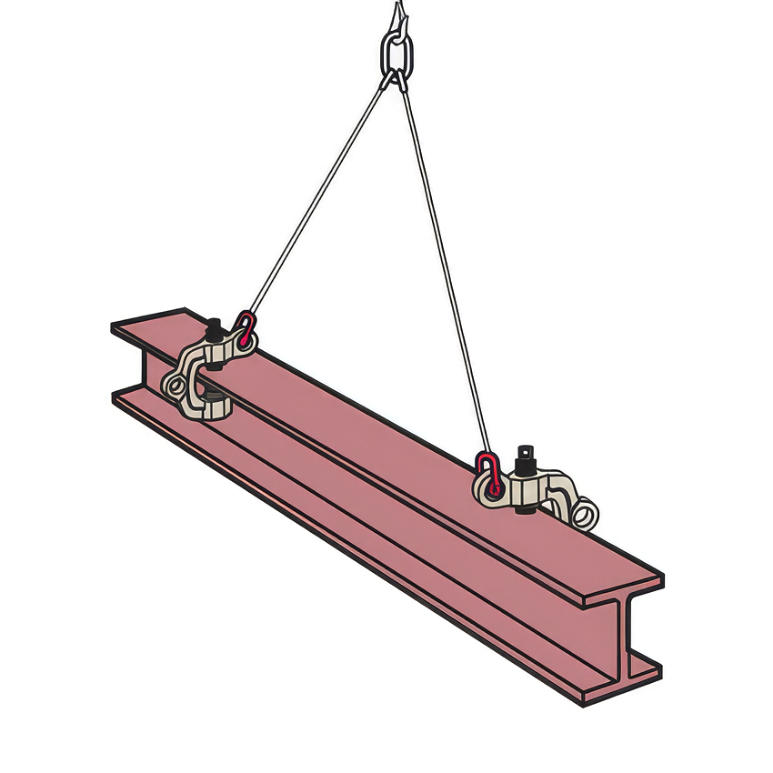 Løft av liggende stålbjelke med to Skruklype SWC-S og 2-parts sling